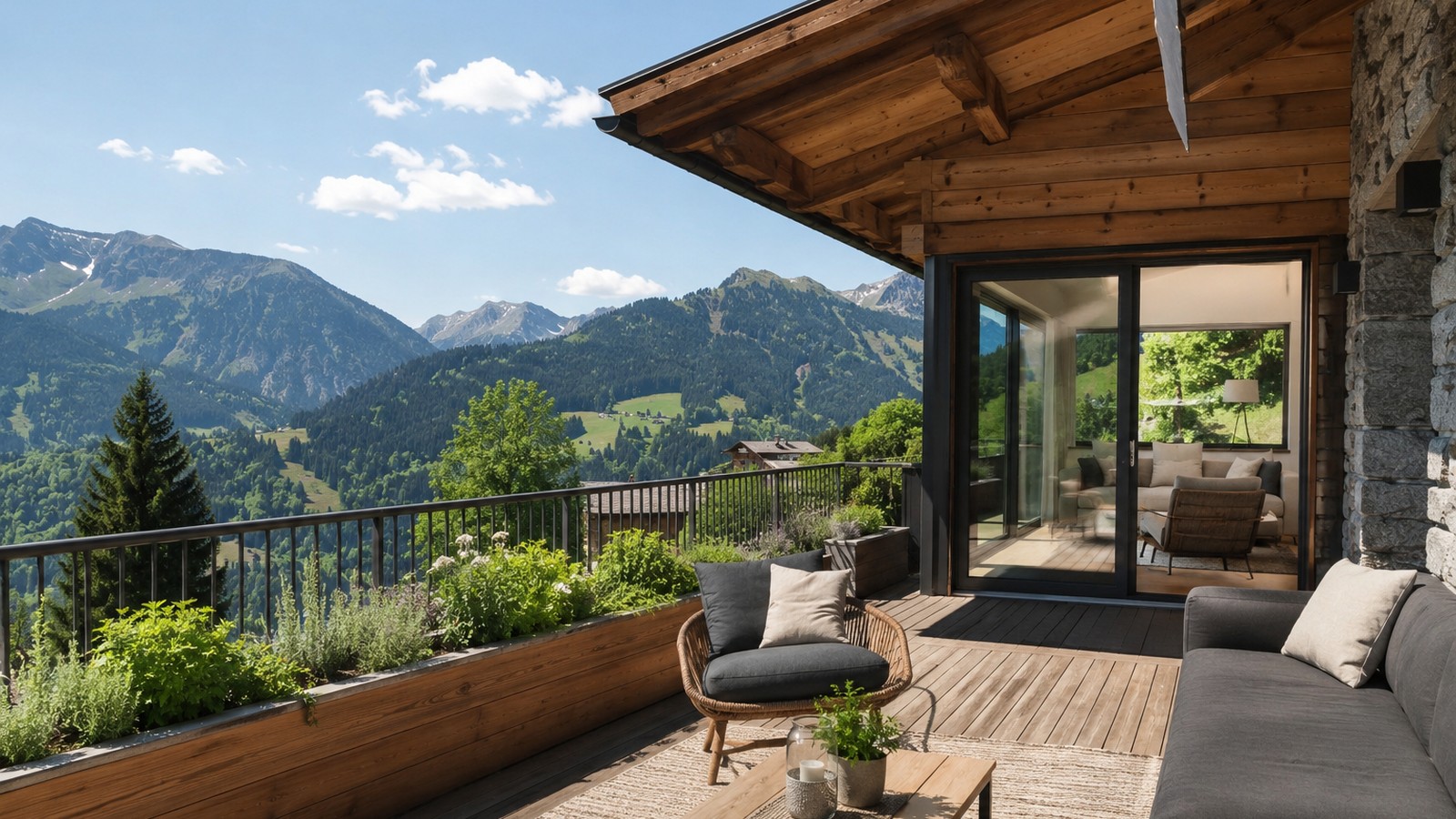 Terrasse einer Alpenwohnung mit weitem Bergblick