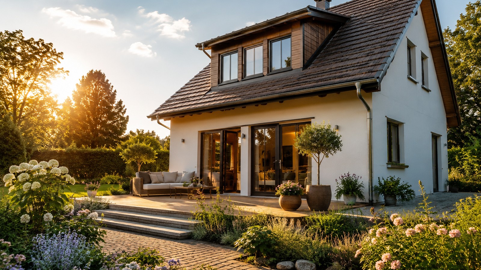 Helles Alpenhaus mit Garten und Bergkulisse